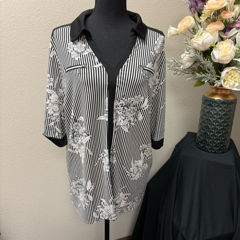 Nygard 1X Black White Striped Floral Blouse Tunic Top Collared 3/4 Sleeve